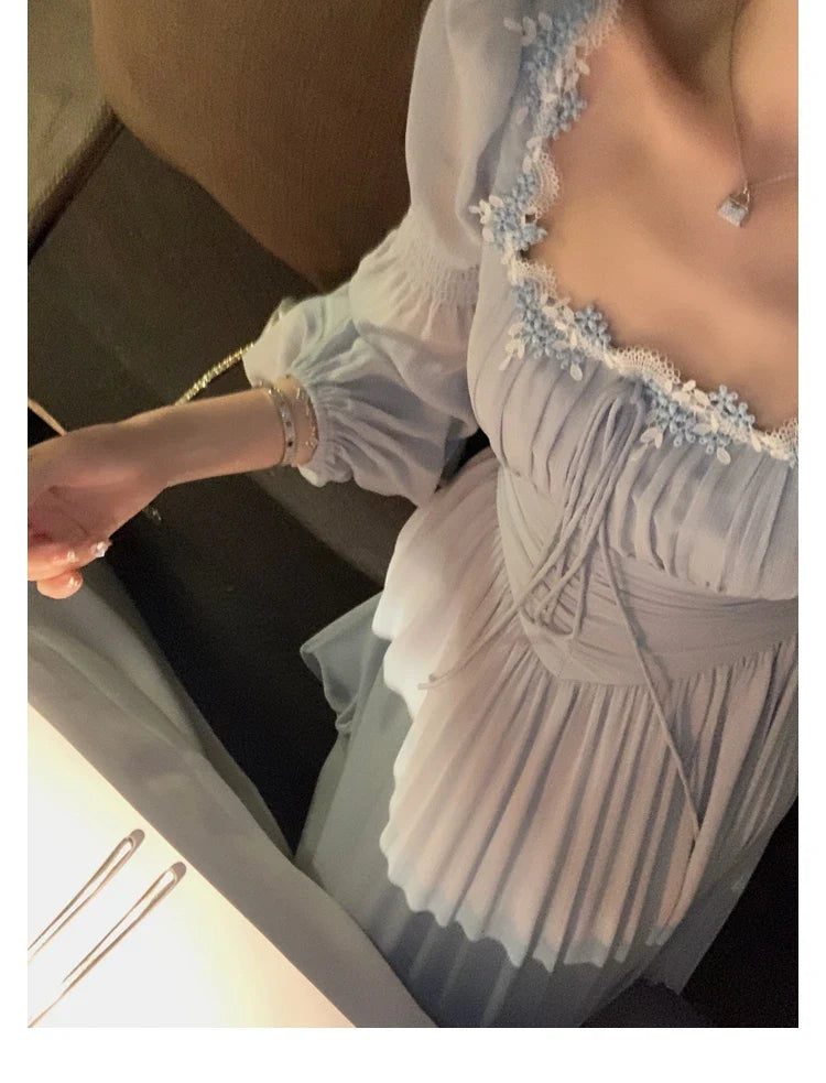 lovwvol French Elegant Square Neck Chiffon Dress for Women Summer Evening Party Long Sleeve Female Dress Casual Fashion Midi Dress