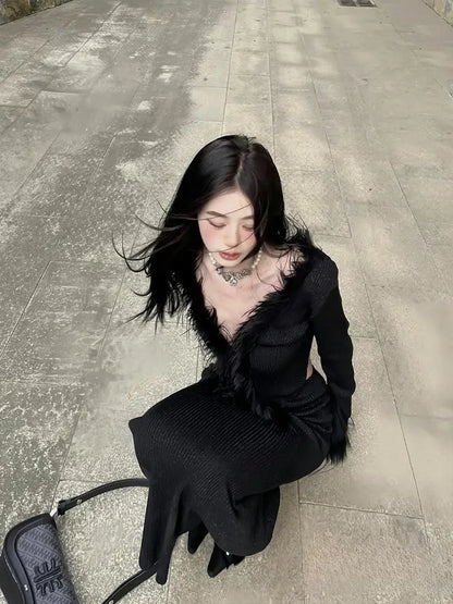 lovwvol Sexy Gothic Knitted Cardigan with Fur Women Black Cropped Sweaters Y2k Elegant Korean Streetwear Grunge V-neck Tops