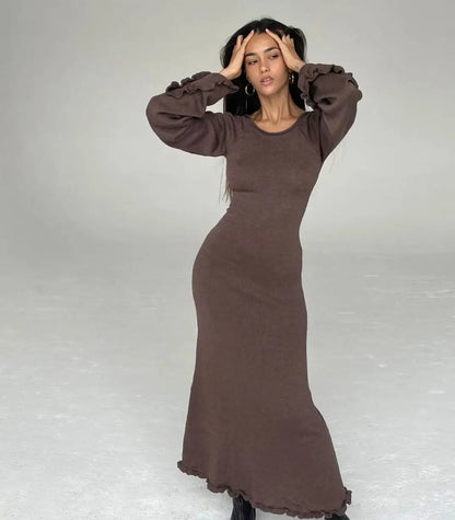 Elegant Knitted Sweater Maxi Dress Outfits for Women Flare Sleeve Sexy Backless Dresses Edible Tree Fungus Clothes