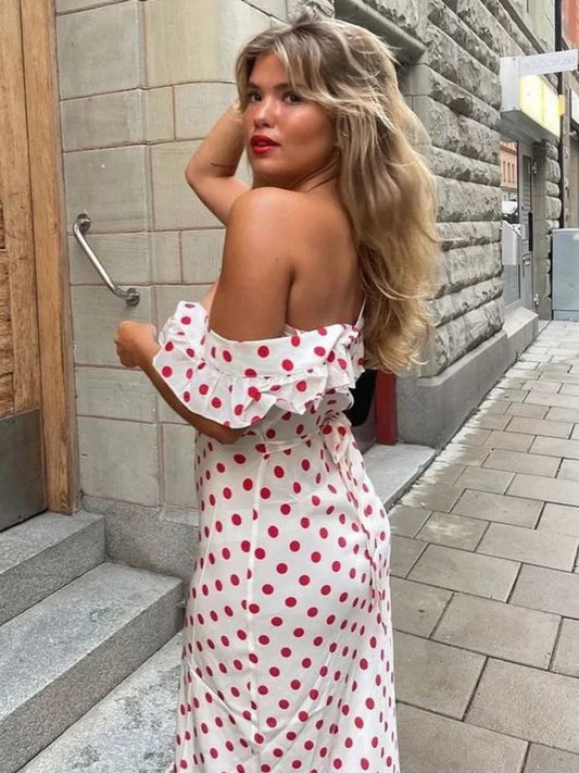 Polka Dot Ruffles Bandage Maxi Dress Women Off Shoulder Slim Elegant Party Dress Summer Beach Holiday Sundresses