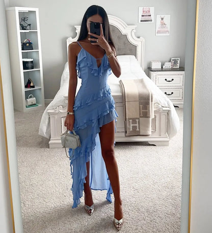 Summer Backless dress women summer Sleeveless Spaghetti Strap Layered Ruffle Mini Dress Casual Dress robe femme vestidos