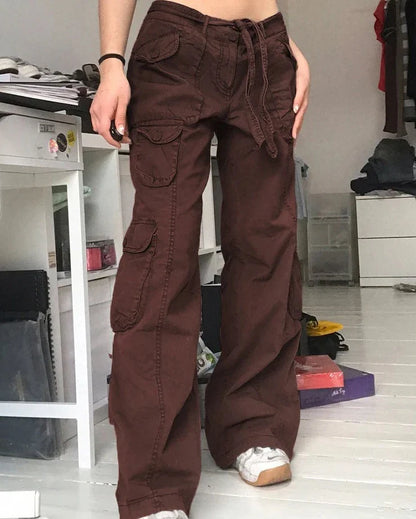 lovwvol Vintage Pockets Jeans Loose Mid-Waisted Cargo Pants Casual Wide Leg Pants Cool Women'S Trousers Fashion Streetwear