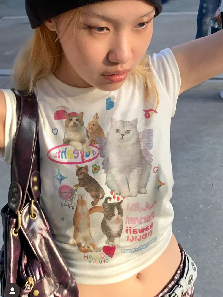 lovwvol Japanese y2k Kawaii Cat Print Short Sleeve Tee Women Grunge Crop Tops Fairycore Graphic T-shirt E-girl 2000s Korean Fashion