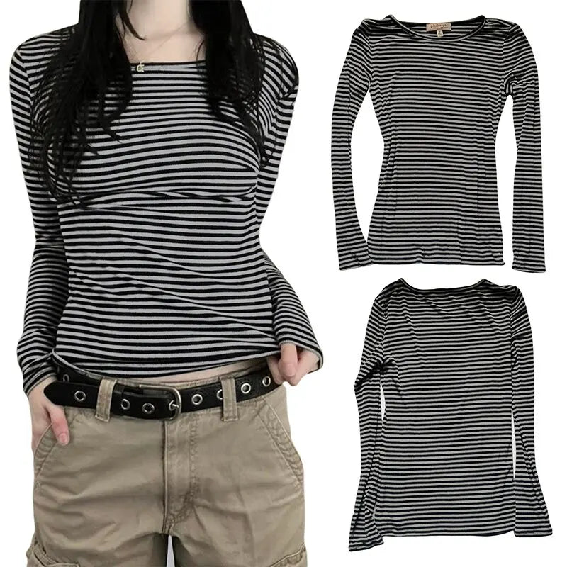 Women T-shirt Long Sleeve Crew Neck Striped Fall Slim Fit Ladies Tops For Casual Daily