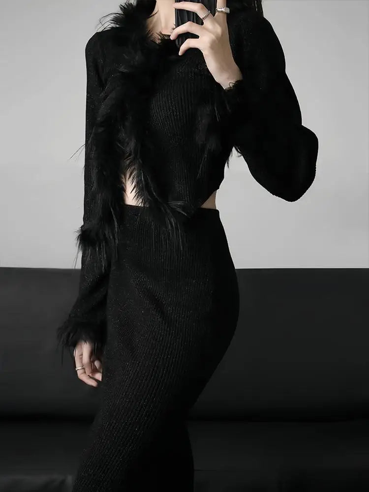 lovwvol Sexy Gothic Knitted Cardigan with Fur Women Black Cropped Sweaters Y2k Elegant Korean Streetwear Grunge V-neck Tops