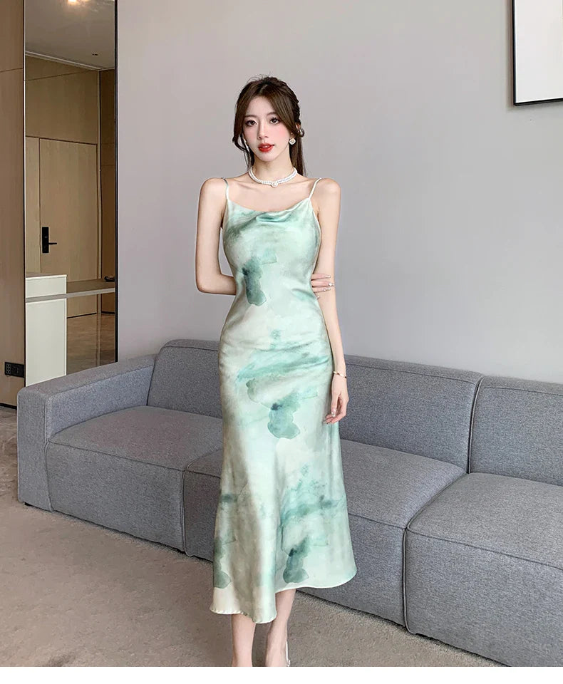 lovwvol Vintage Print Satin Midi Dresses Female  Summer French Elegant Chic Swinging Collar Slim Camisole Green Clothes for Women