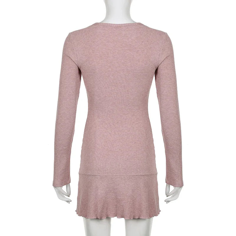 lovwvol Korean Square Neck Pink Autumn Dress Women Sweet Fold Coquette Clothes Slim Basic Knit Mini Dress Elegant Stylish New