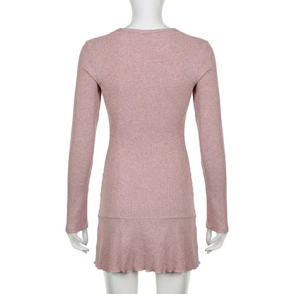 lovwvol Korean Square Neck Pink Autumn Dress Women Sweet Fold Coquette Clothes Slim Basic Knit Mini Dress Elegant Stylish New