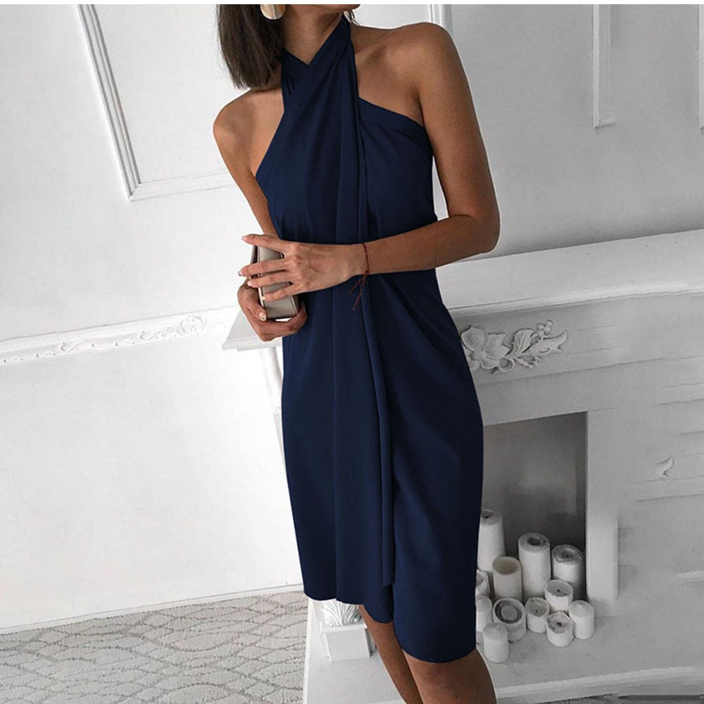 Women Sexy Halter Summer Dress Fashion Elegant Sleeveless Solid Irregular Loose Casual Boho Beach Dresses Robe Femme