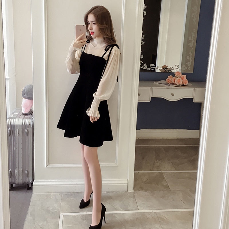 Spring New Elegant Two Piece Dress for Women Women Winter Korean A-Line O-Neck Tops and Black Sundress Streetwear Dress Vestidos