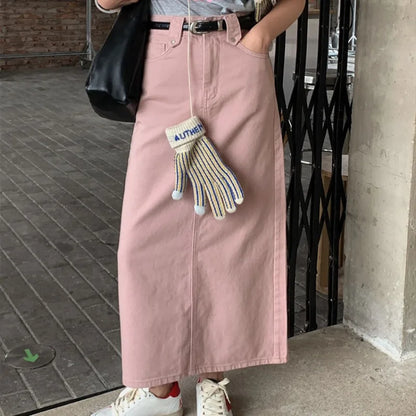 lovwvol  -  Korean Style Pink Denim Women Midi Skirt New Fashion Vintage High Waist Straight A-Line Pocket Jean Long Skirt Without Belt