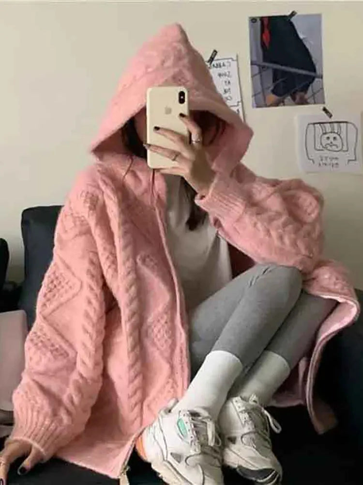 Cyflymder Korean Fashion Knit Cardigan Women Autumn Winter Casual Loose Zipper Hooded Thick Sweater Coat Long Sleeve Pink Top