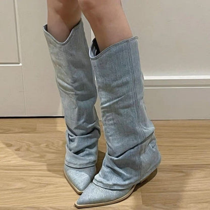 Pointed Toe High Heel Trouser Tube Boots New Female Western Cowboy Knight Boots Denim Splicing Street Style Sewing Fashion Shoes