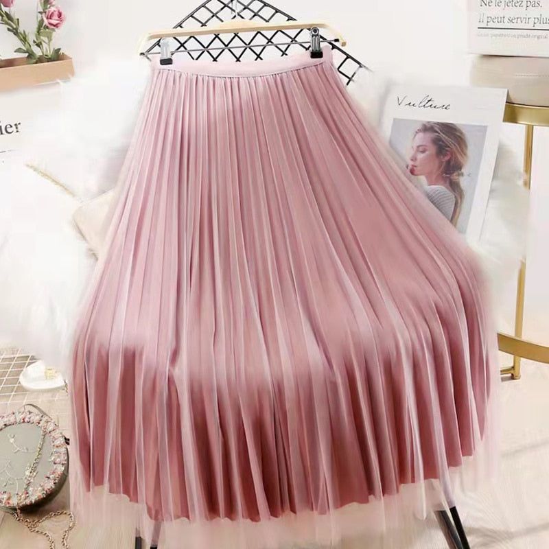 lovwvol Both Sides Wear Pearls Mesh Skirt Women Summer Velvet High Waist Long Skirts Woman Solid Color A Line Pleated Skirts