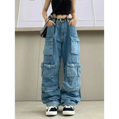 lovwvol Multi-Pocket Blue Washed Jeans Cargo Pants Y2k Retro Streetwear Fashion High Waist Jeans Couple Harajuku Casual Wide Leg Pants