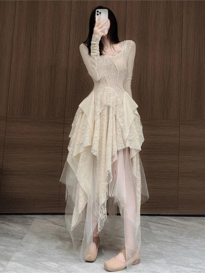 French Elegant Women's Vintage Dress New Irregular Lace Splicing Evening Long Bridesmaid Party Dress