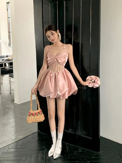 lovwvol Metallic Pink Satin Bud Mini Dress Women Bandage Halter See Through Lace Spliced Puffy Princess Dress Prom Party Gown