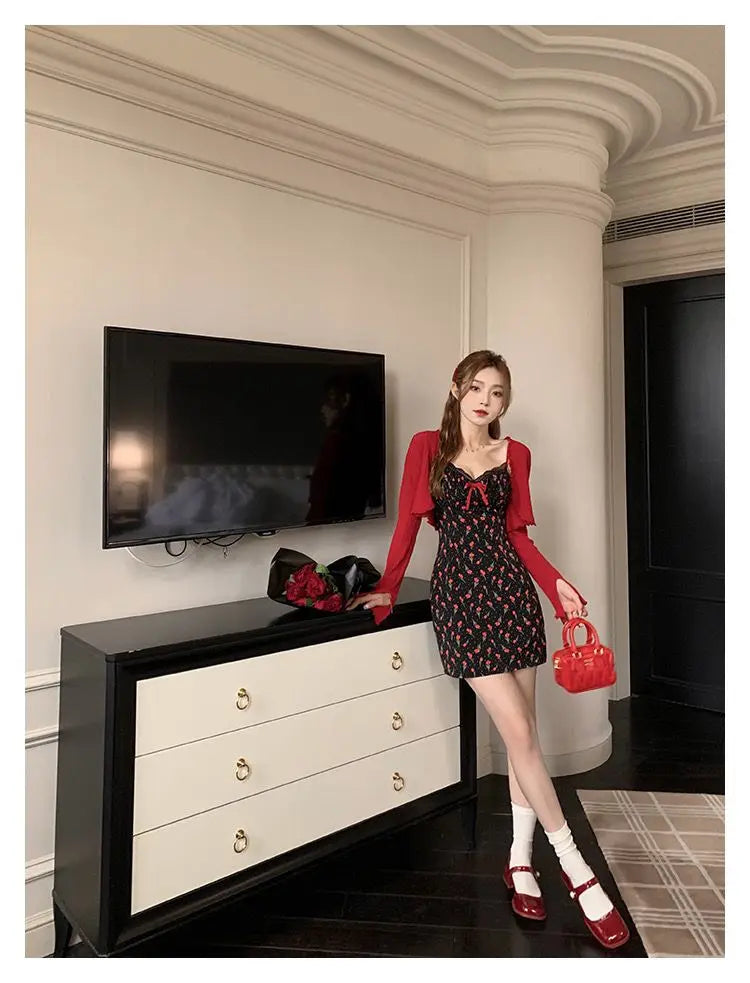 Sweet 2 Piece Dress Set Woman Red Long Sleeve Cardigan + Strap Floral Y2k Mini Dress Party Korean Fashion Suit Spring