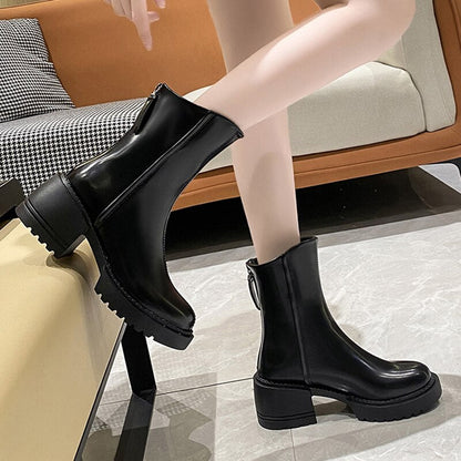 British Style High Heels Cowboy Boots Women Autumn Pu Leather Platform Ankle Boots Woman Back Zipper Thick Heeled Botas