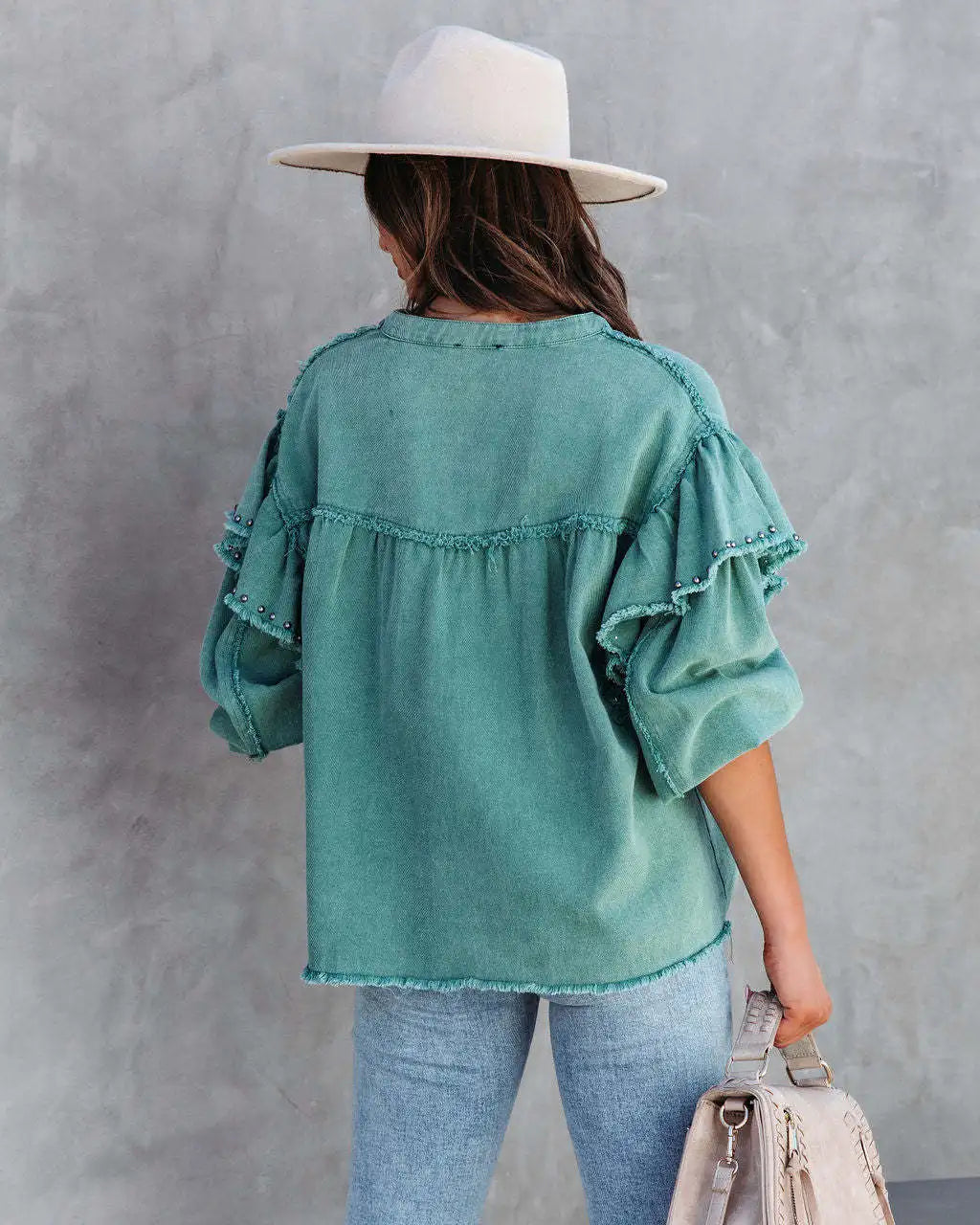 lovwvol Vintage Ruffles Lantern Sleeve Loose Coat for Women Casual O-neck Beading Outwear Autumn 2022 Fashion Jackets Boho Blusa