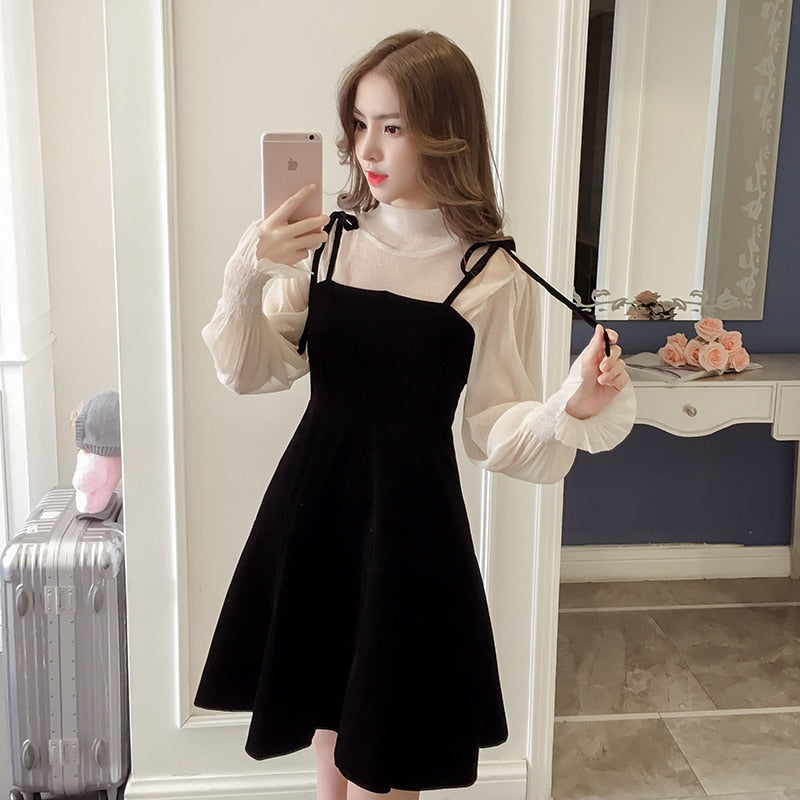 Spring New Elegant Two Piece Dress for Women Women Winter Korean A-Line O-Neck Tops and Black Sundress Streetwear Dress Vestidos