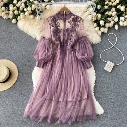 Ladies Dress Three-dimensional Flower Hook Mesh Temperament Stand Collar Lantern Sleeve High Waist Slim Female Dresses