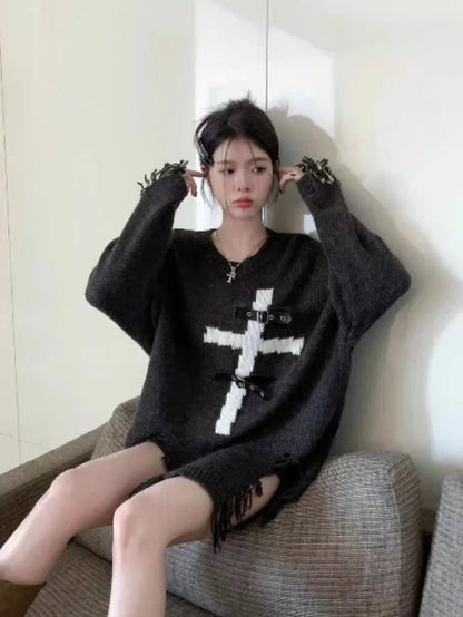 lovwvol  -  Gothic Black Sweater Women Ripped Cross Print Aesthetic Grunge Top Casual Loose Streetwear Pullover Y2k Streetwear Sueter Jumper