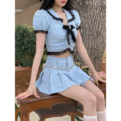 lovwvol Korea Summer Sweet Two Piece Mini Skirts Sets Kawaii Lolita Peter Pan Collar Bow Crop Top + Mini Skirt Suit Blue Outfit Outwear