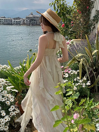 lovwvol France Fashion Irregular Beach Strap Dress Female Elegant Chiffon Fairy Party  Korea Summer Casual Clothing