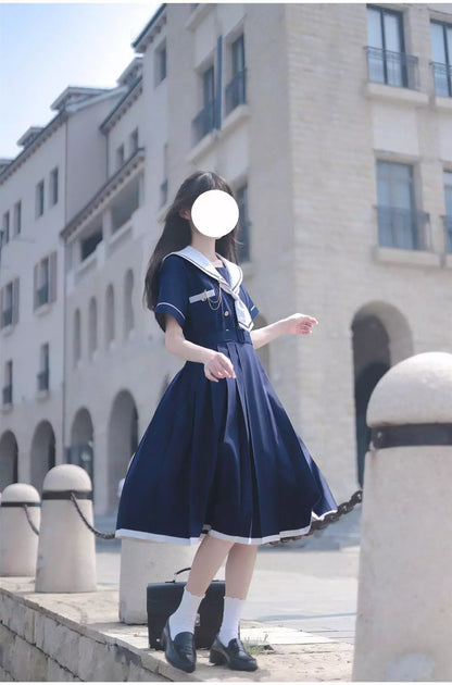 Preppy Sweet Woman Dress Sailor Collar Kawaii Vestidos Female Robe Lolita Dresses Summer Cute Women's JK  Kobieta