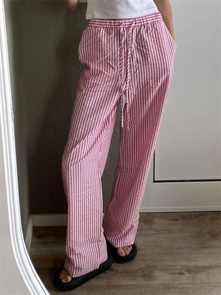 lovwvol Women Casual Striped Print Long Pants Drawstring Elastic Waist Loose Straight Pants with Pockets Summer Streetwear