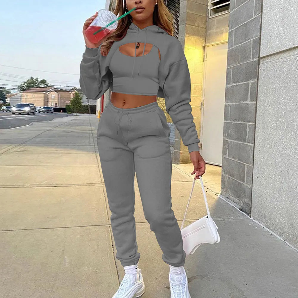 Women 3 Pieces Sets Sweatpants and Hoodie Set Cropped Tops Fleece Pants Suit Tracksuit Fitness Sport Jogger Outfit Clothing