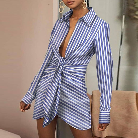 Women Elegant Turn-Down Collor Folds Party Dress Casual Striped Printed Ladies Shirt Dress Autumn Long Sleeve Slim Fitness Dress