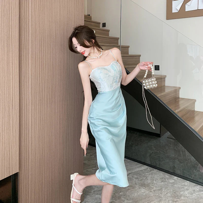 Sexy Backless Midi Dresses for Women Summer Elegant Party Prom Suspender Female Clothes Vestidos Satin Embroidery Evening Dress