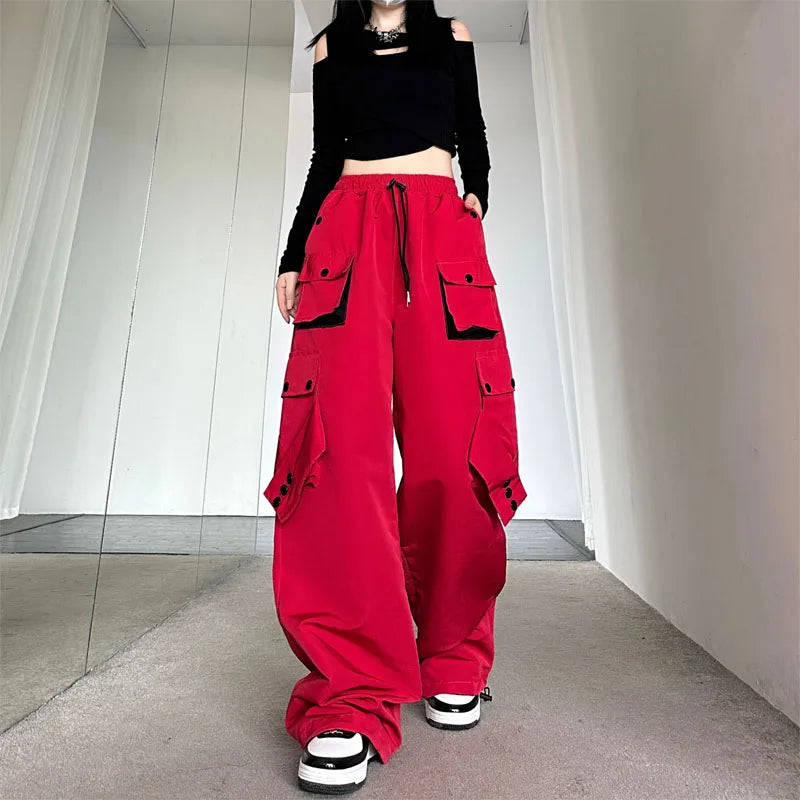 lovwvol  -  Y2k Aesthetic Black Cargo Pants Women Drawstring Harajuku Wide Leg Loose High Waist Streetwear Casual Autumn Trousers Joggers