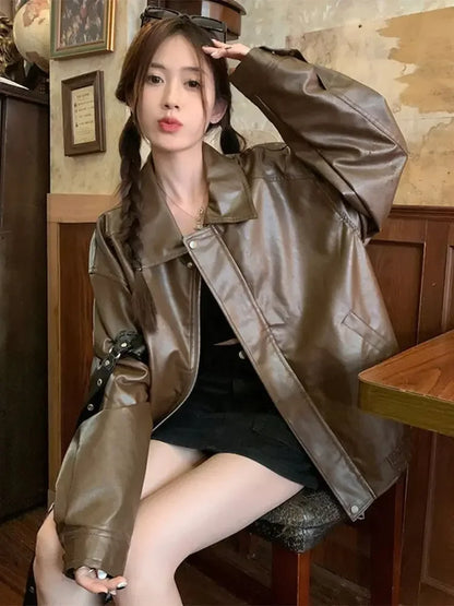 lovwvol  -  Vintage Maillard Brown Leather Jacket For Women Fall And Winter PU Leather Bomber Jacket Streetwear Women Versatile Outerwear