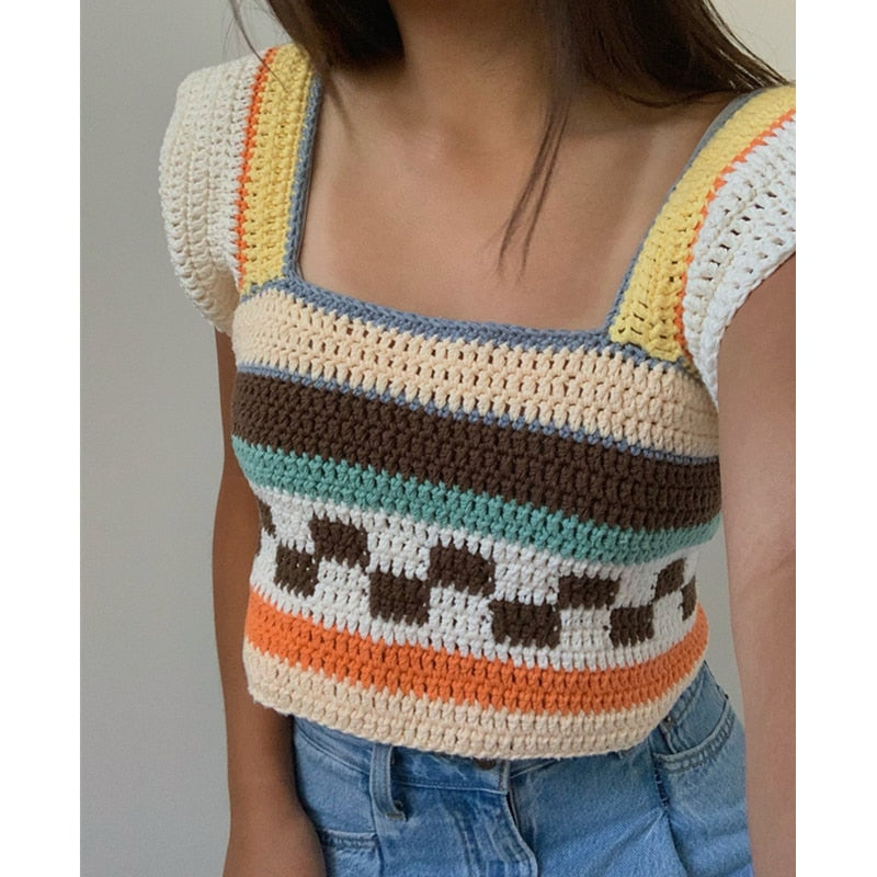 2000s Aesthetic Knitted Top New Summer Women Square Neck Contrast Color Crochet Tanks y2k Fairy Core Clothes Streetwear