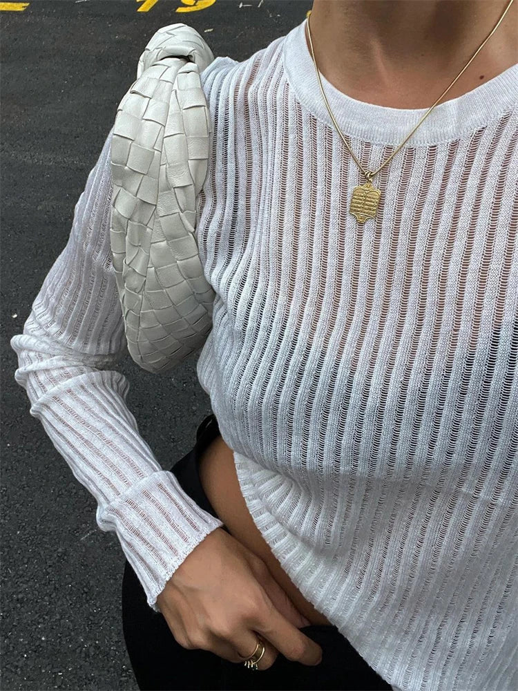 lovwvol Ribbed See-Through Knit Pullover Female Hollow Out Slim Solid Long Sleeve Top Sheer Casual Knitwear Ladies Pullover Summer