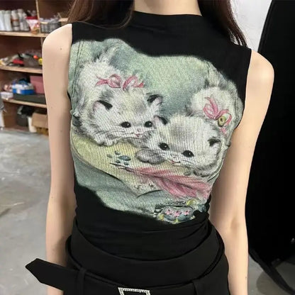 lovwvol  -  Trendy Kawaii Cute Cat Print T-shirt Women Summer Harajuku Y2k Half Turtleneck Crop Top Fashion Sweet Vintage Tee Shirts Femme