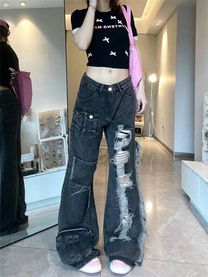 lovwvol Women's Retro Distressed Style Black Gray Jeans Summer Street Denim Trousers Young Girl Bottoms Female High Waisted Pants