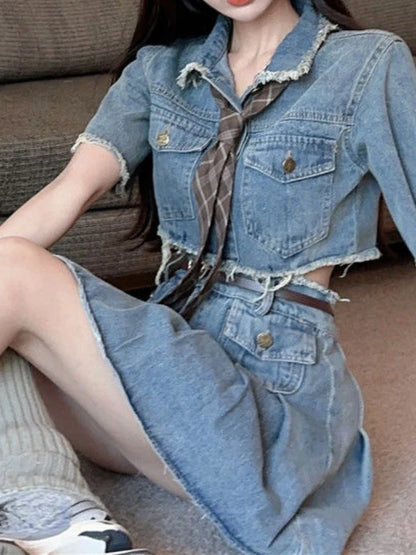 lovwvol Summer Korean Fashion Outfits Retro Denim Safari Party Suits Style Women Casual Elegant Crop Tops + Bodycon Mini Skrits