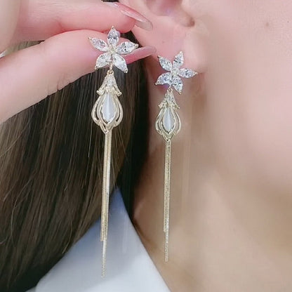 Exquisite Opal Flower Earrings For Women Rhinestone Long Tassel Zircon Earring Girls Wedding Party Temperament Jewelry New