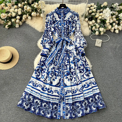 lovwvol Spring Runway Blue And White Porcelain Dress Women's Stand Long Lantern Sleeve Flower Print Lace Up Beach Robe