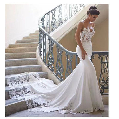 High End Spaghetti Straps Women Wedding Dresses Lace Court Train Bridal Gowns Formal Vestido De Noiva robe de mariée