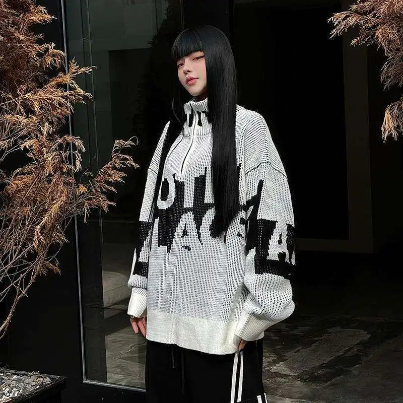 lovwvol  -  Men and Women Letter Jacquard Grunge Sweaters Y2k Aesthetic Half High Collar Zipper Jumpers Knitted Harajuku Oversized Pullovers