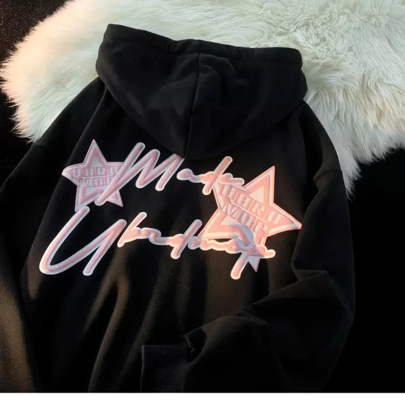 lovwvol  Y2K Zipper Hoodie Women  new Fried Street Star Letter print spliced cardigan hoodie women fashion loose coat top