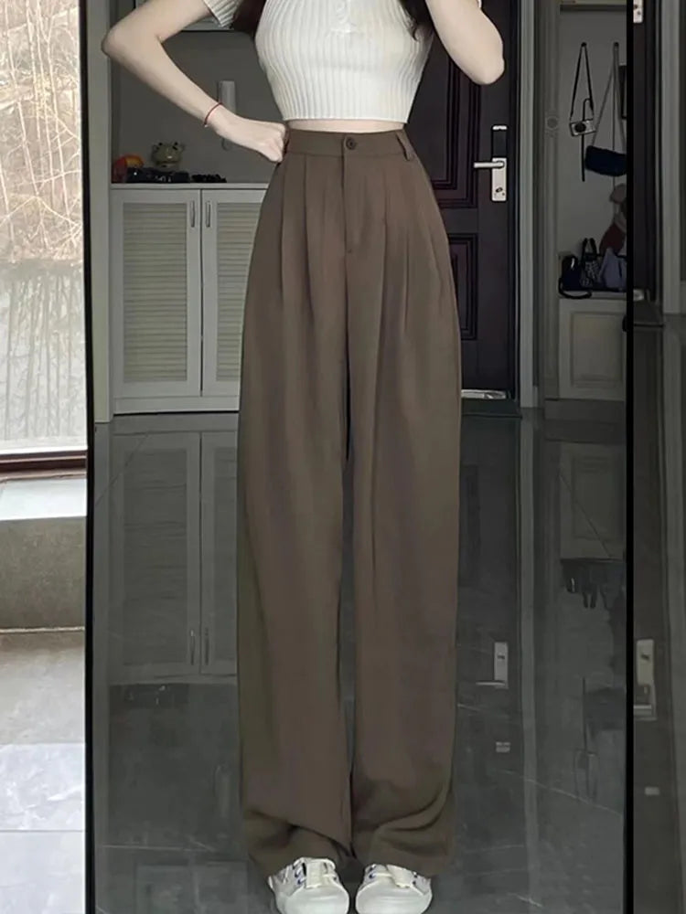 Coffee Colored Wide Leg Pants For Women's Spring And Autumn High Waisted Draped Straight Suit Pants Versatile