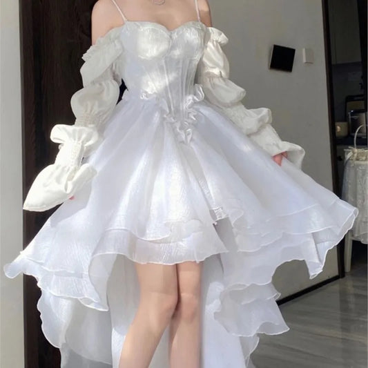 Spring Elegant White Off Shoulder Fairy Dress Chic Princess Puff Dress Mesh Puff Dress Wedding Party Porm Dress