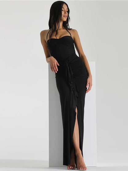 Women Sexy Halter Ruched Split Strapless Maxi Dress For Women Fall Backless Slim Evening Dress Beach Holiday