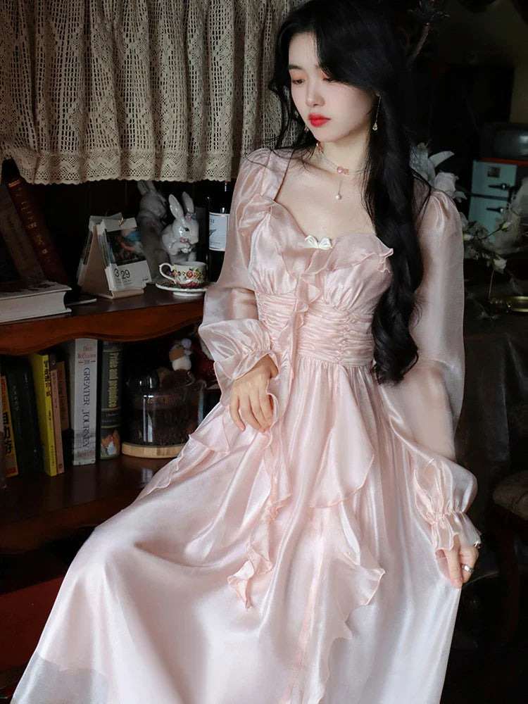 lovwvol   Autumn Vintage Party Midi Dress Women Pink Fairy Korean Style Sweet Dress Female Bubble Sleeve Elegant Evening Party Dress